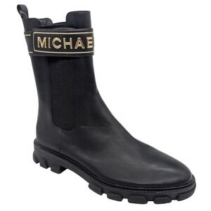 Michael Kors Black Leather Studded Strap Chelsea Lug Sole Boots Women's Size 11M